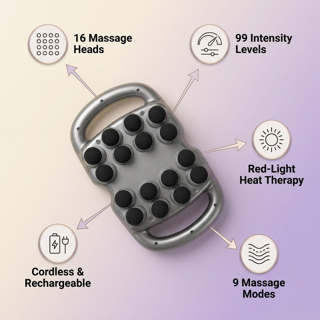 DreamRevive 16 head massage gun feature callouts: 16 heads, 99 intensity levels, red-light heat therapy, cordless, 9 modes
