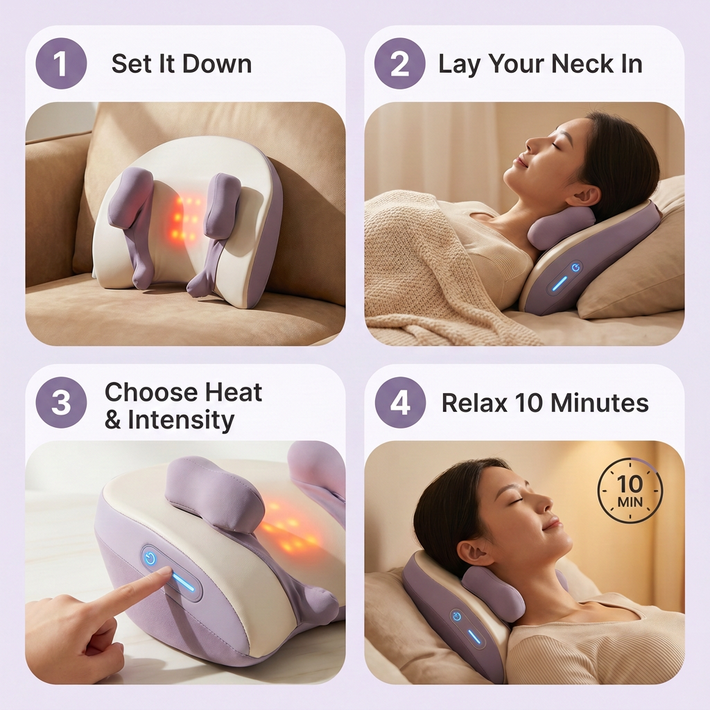 How to use the DreamRelief neck massager: lie back with your neck in the cradle
